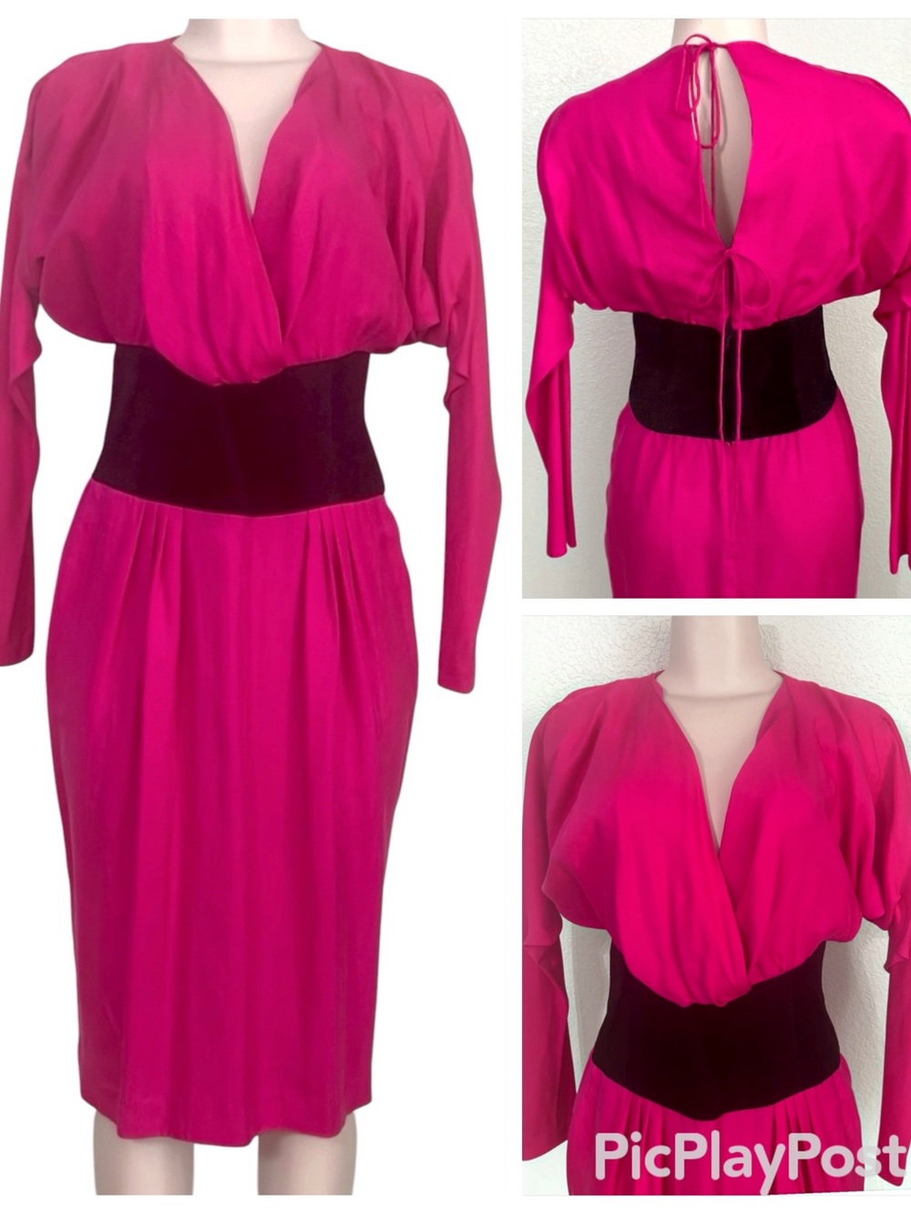 Vintage 80s SILKLINE Magenta Silk Satin Batwing Dress Keyhole Tie Back SZ 10